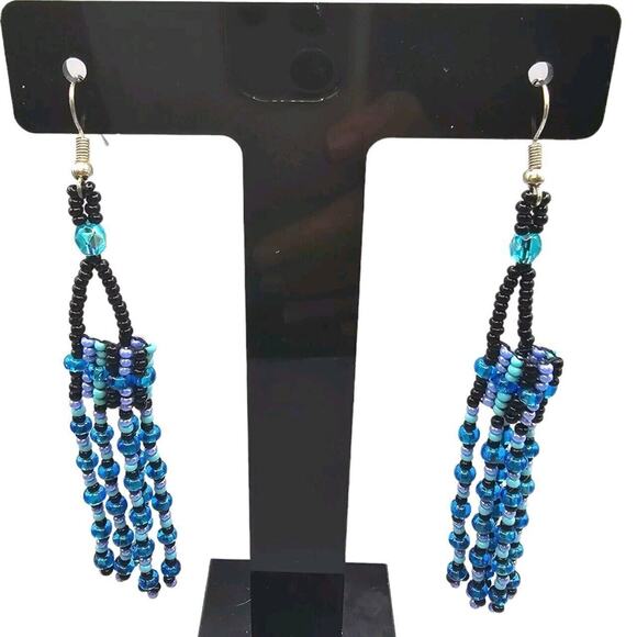 Artisan Blue Tassel Earrings Pierced Dangle Intricate Beaded Work Craftsmanship - Picture 1 of 4